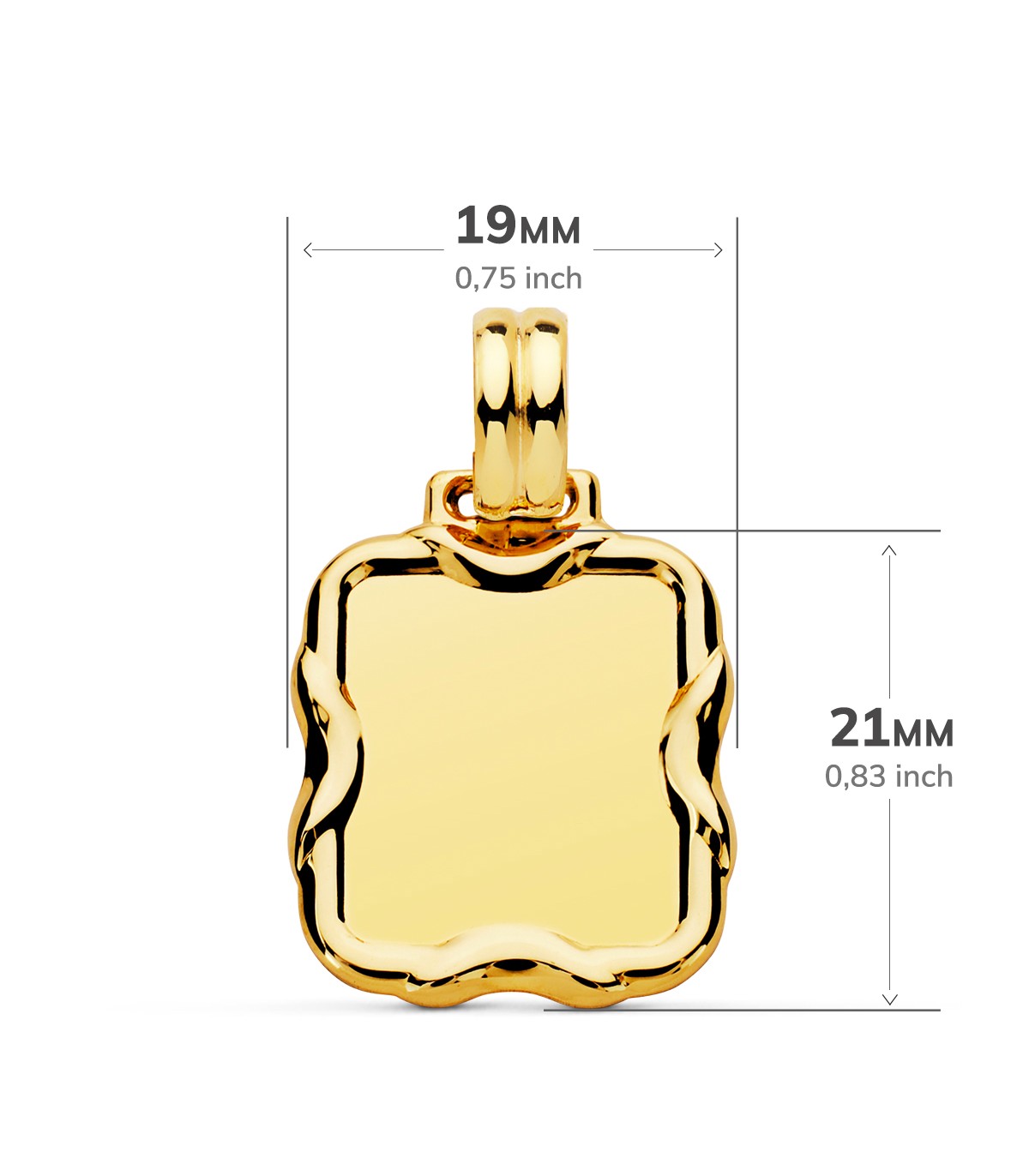 Medidas del colgante chapa. Oro 18K 21 mm Marco labrado