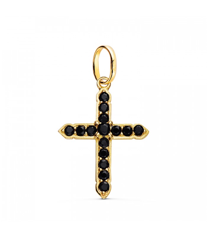 Ciondolo a forma di croce in oro giallo 18k, pietre nere | Collana croce d'oro 25mm