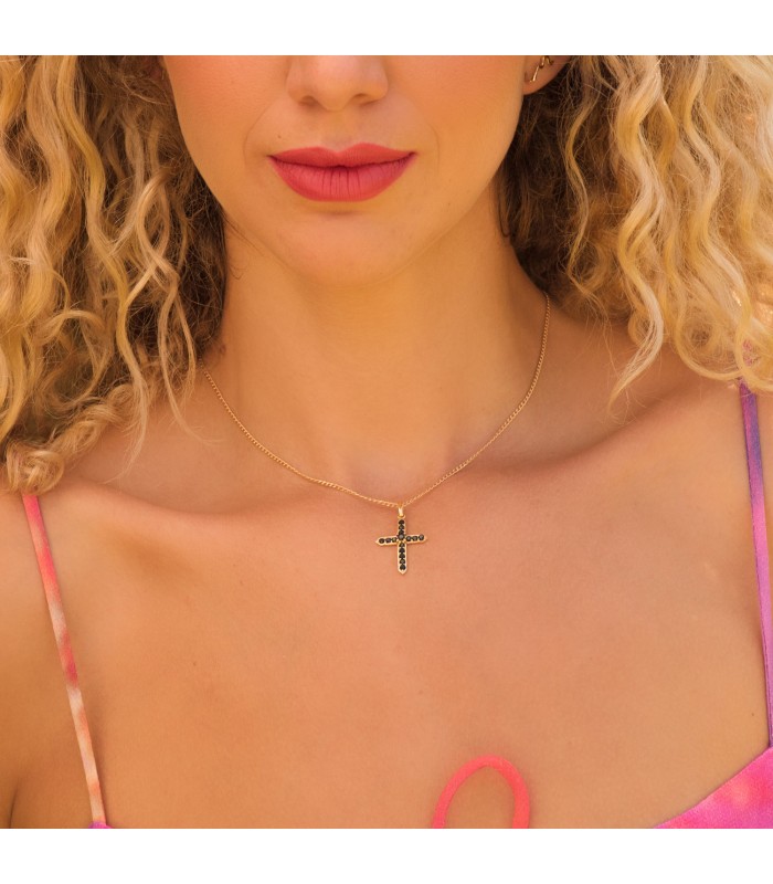 Ciondolo a forma di croce in oro giallo 18k, pietre nere | Collana croce d'oro 25mm