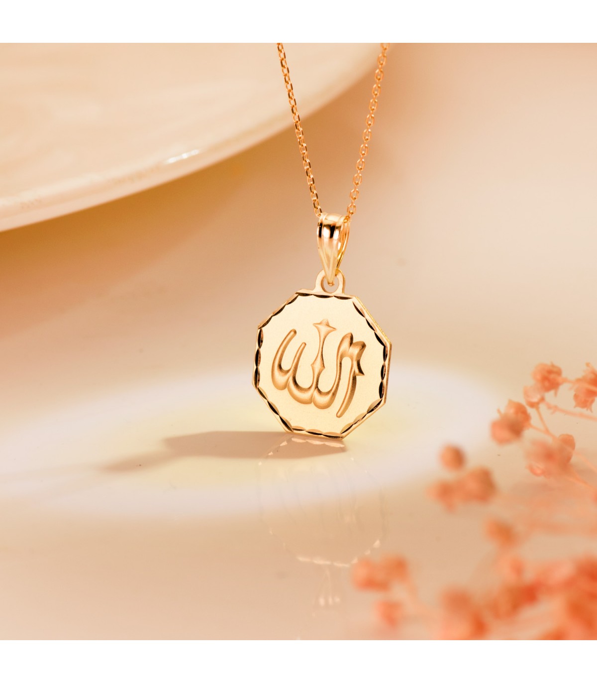 Dios Alá Medalla Oro 18K 14mm Hexágono Tallada - Medalla de oro - colgante allah en árabe