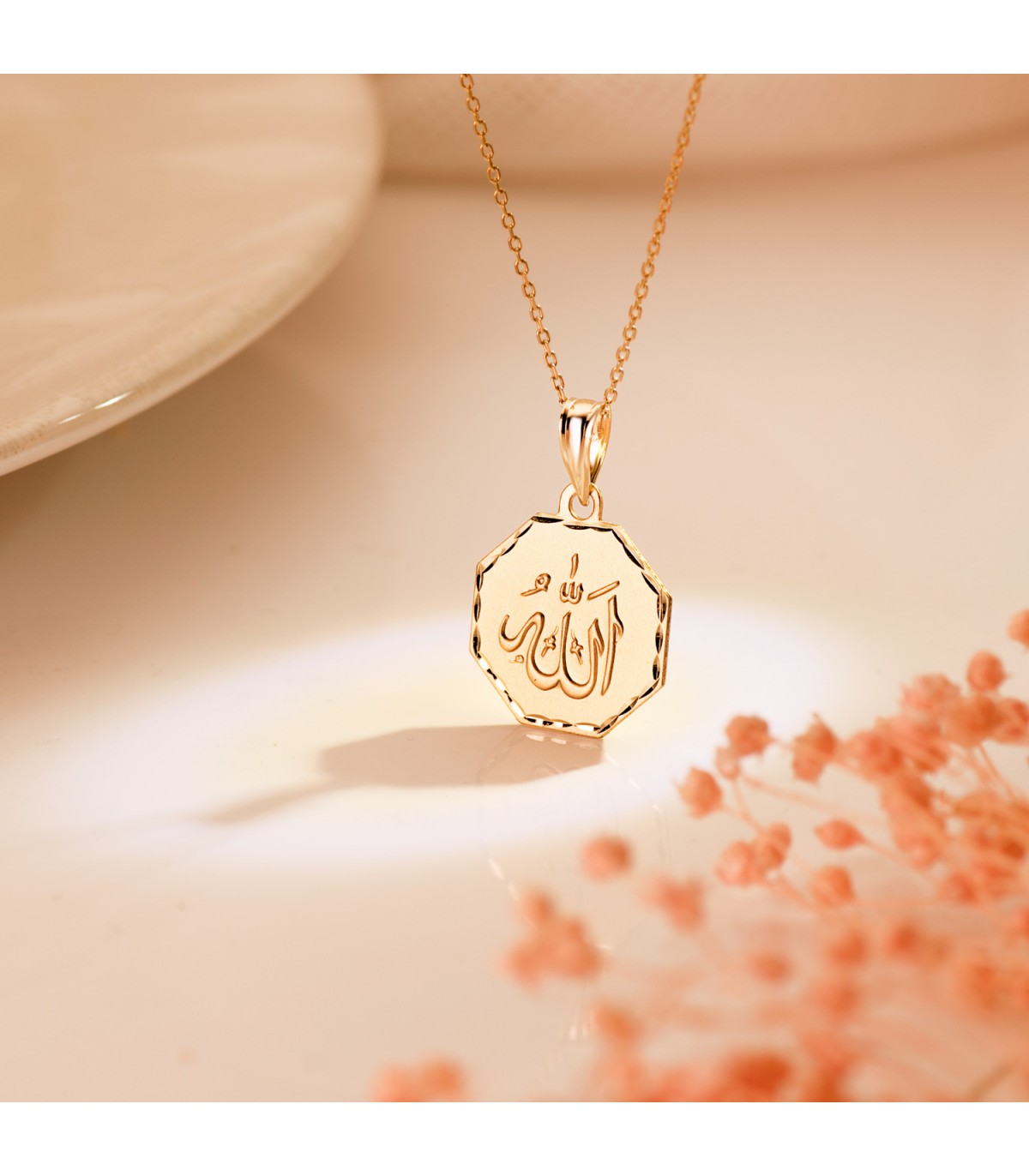 Medalla Dios Alá Oro 18K 14mm Hexágono Tallada - colgantes islam mulsumán