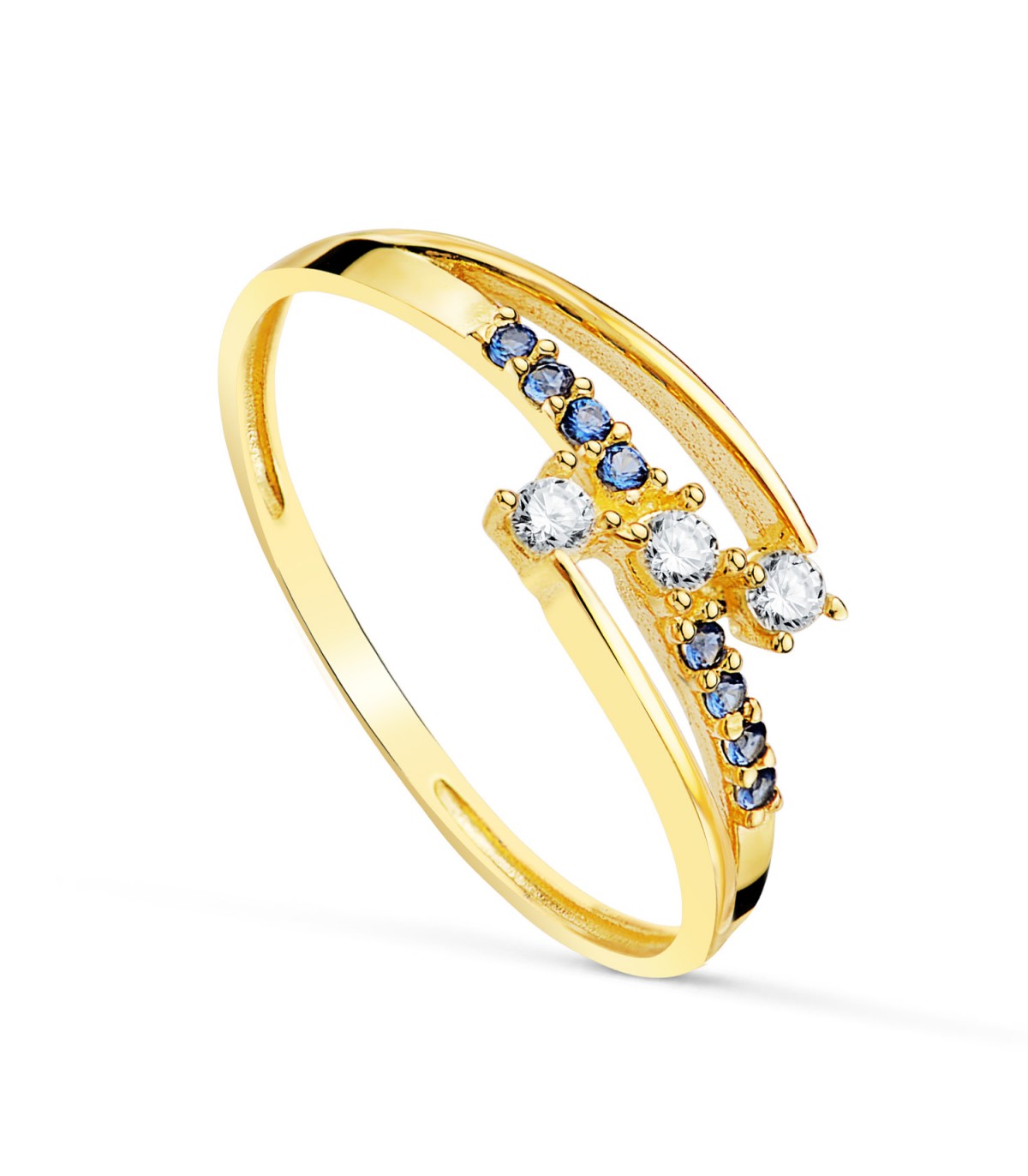 Breiter Ring mit offenen Bändern | Goldring mit blauen und weißen Steinen | 19644 online kaufen