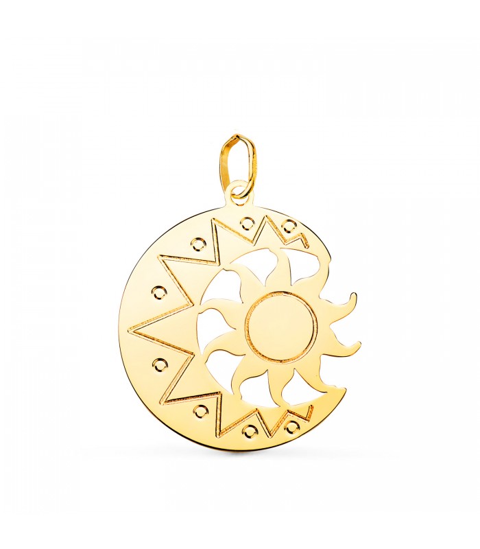Ciondolo Oro 18kt Sole e Luna, stile etnico - oro lucido 22 mm