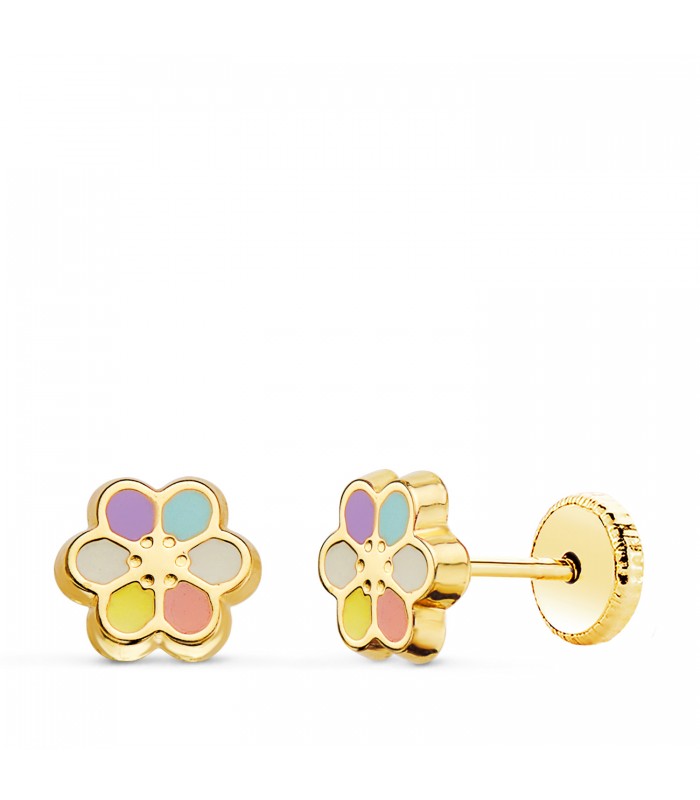 Pendientes de oro para niñas - Flor colores 7 mm - cierre rosca