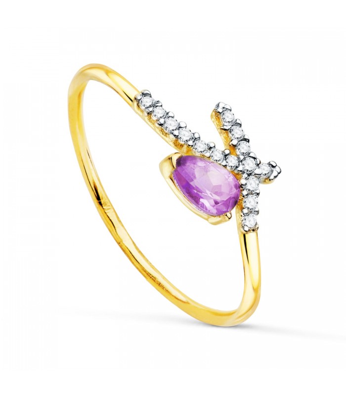 Anello ametista, Modello Meraki in oro giallo e forma di fiocco -  Pietra semipreziosa ametista a goccia