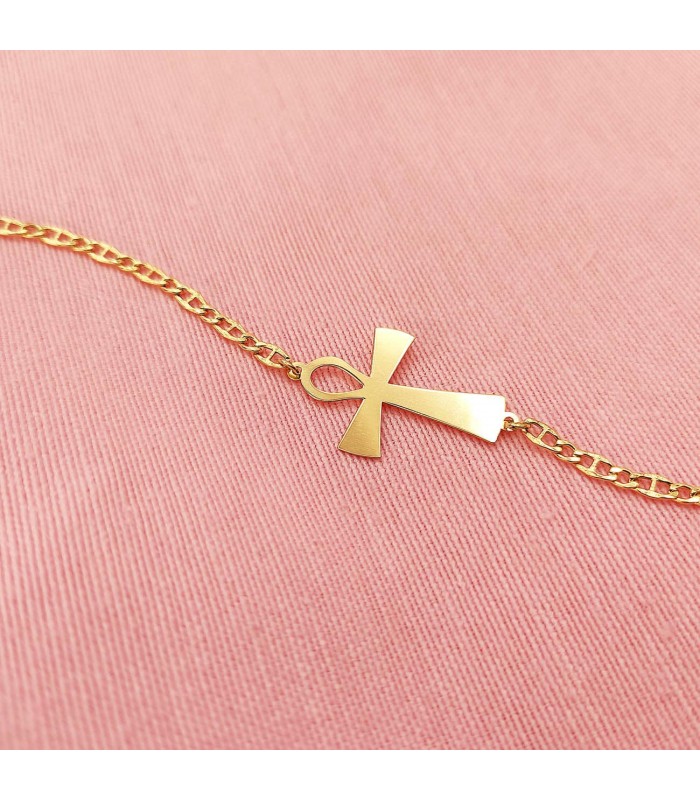 Ägyptisches Kreuz aus Gold, Damen Armband mit Ankerkette