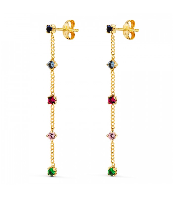 Orecchini pendenti catenina in oro 18 giallo, zirconi colorati - Orecchini con catena in oro, ideale da cerimonia e laurea.