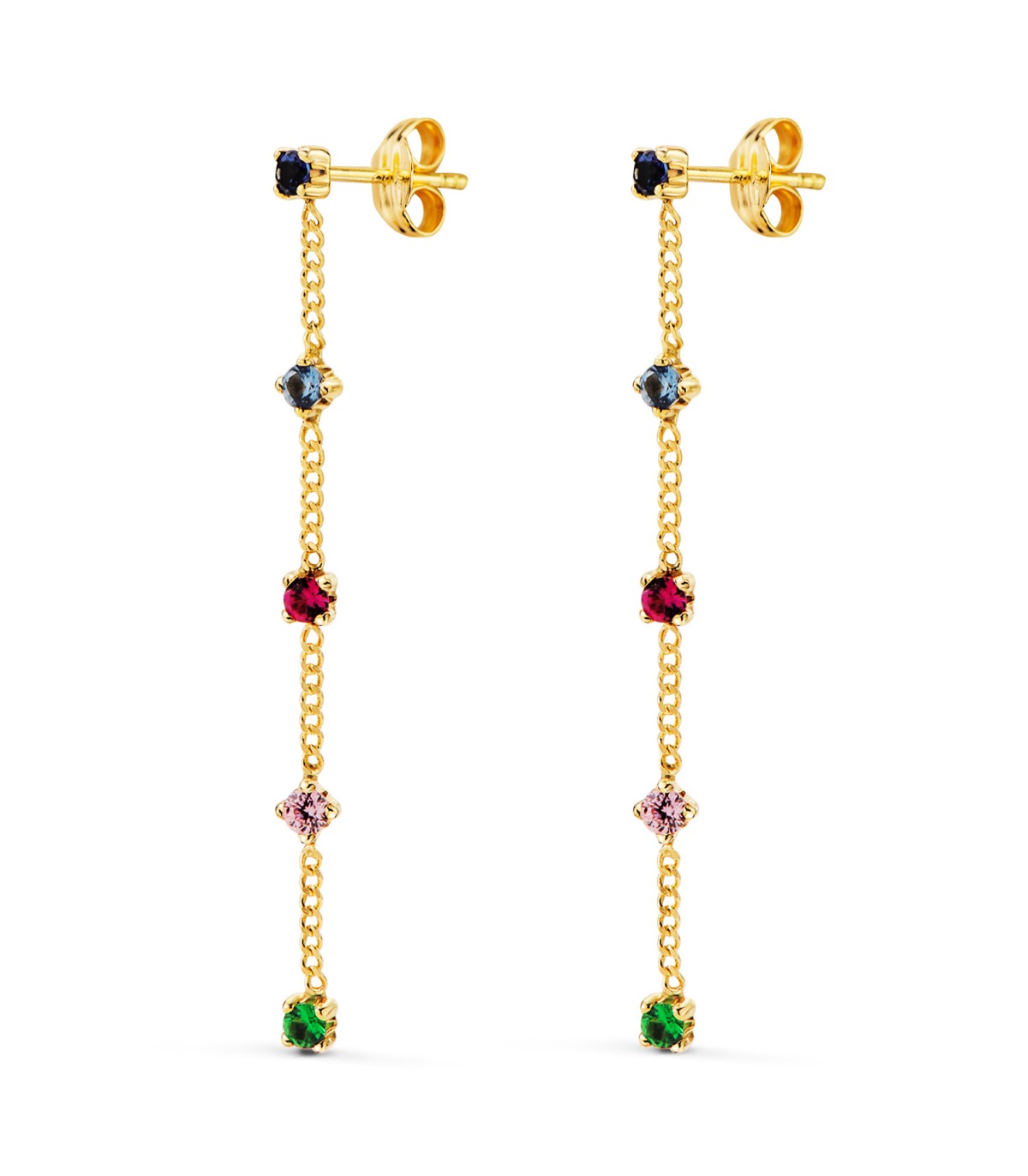 Ohrringe mit 18 Karat Goldkette und farbigen Zirkonia-Steinen – Ohrringe mit Goldkette, Party-Ohrringe.