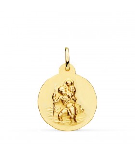 Medalla San Cristóbal Oro 18K 20mm Matizada. Medallas de oro artesanales.