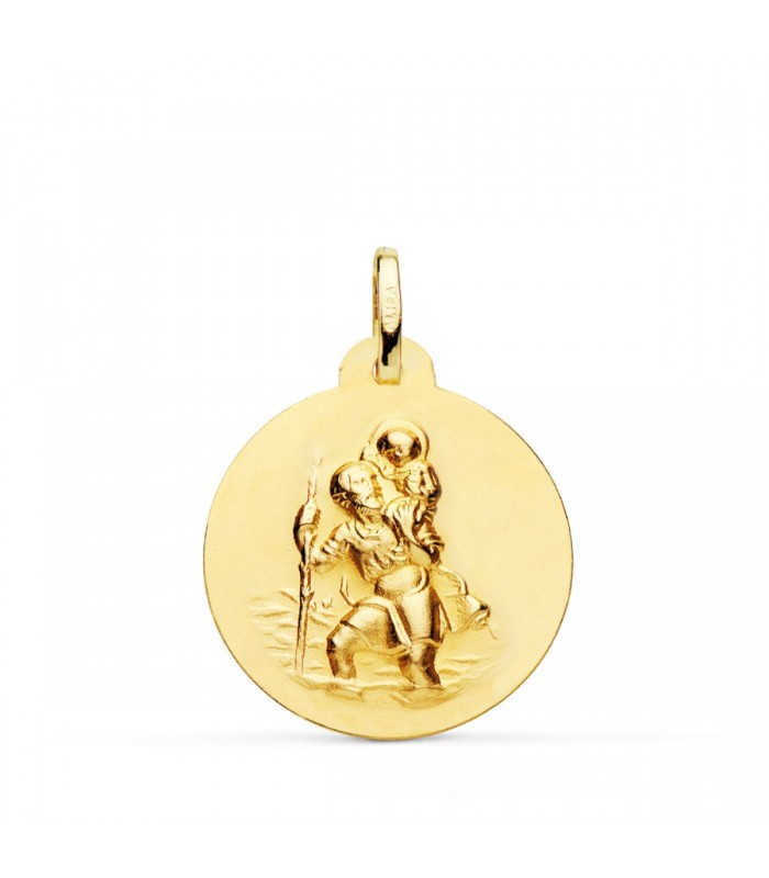 Medalla San Cristóbal Oro 18K 22mm Matizada. Medallas de oro artesanales.