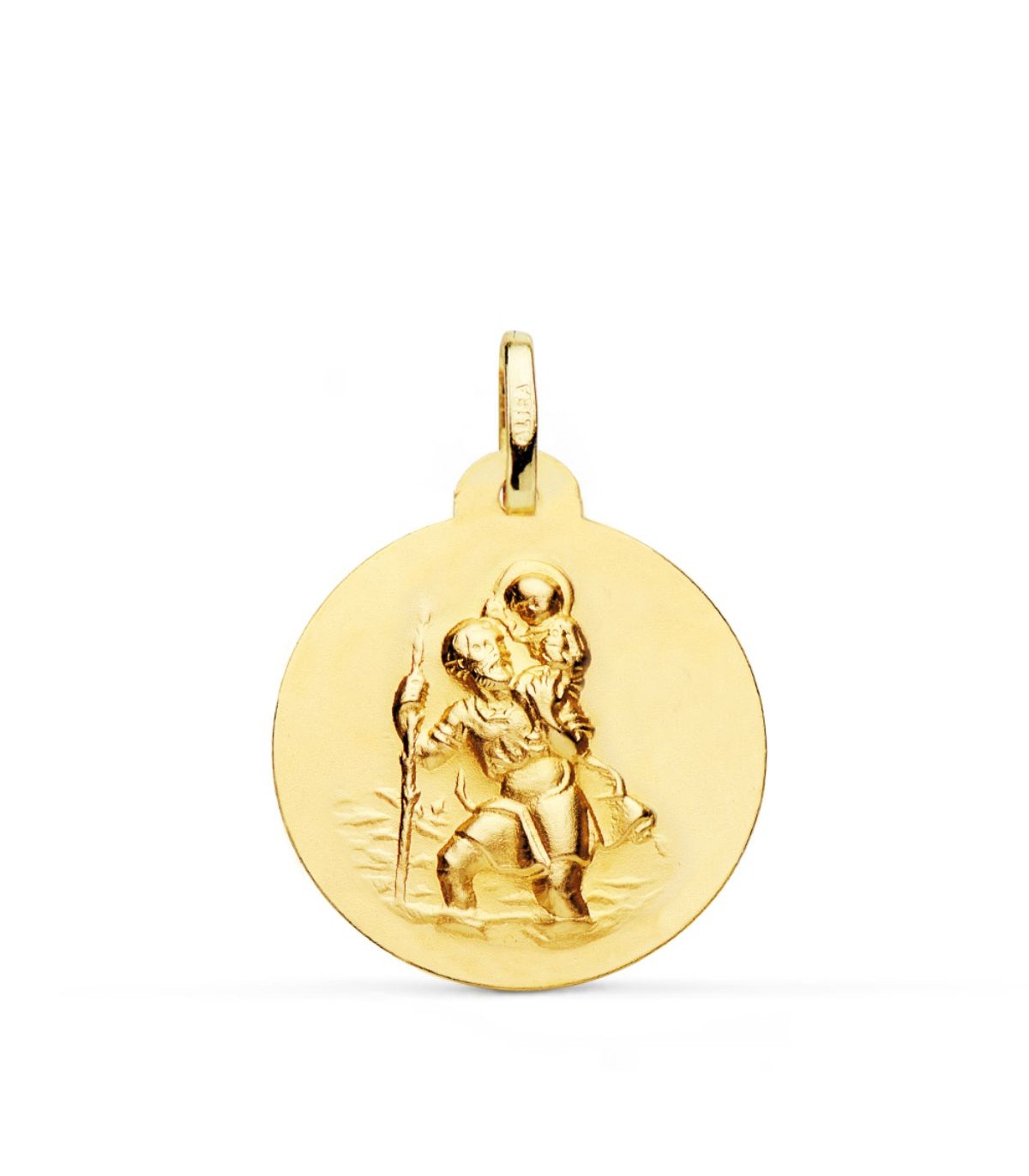 Medalla San Cristóbal Oro 18K 22mm Matizada. Medallas de oro artesanales.