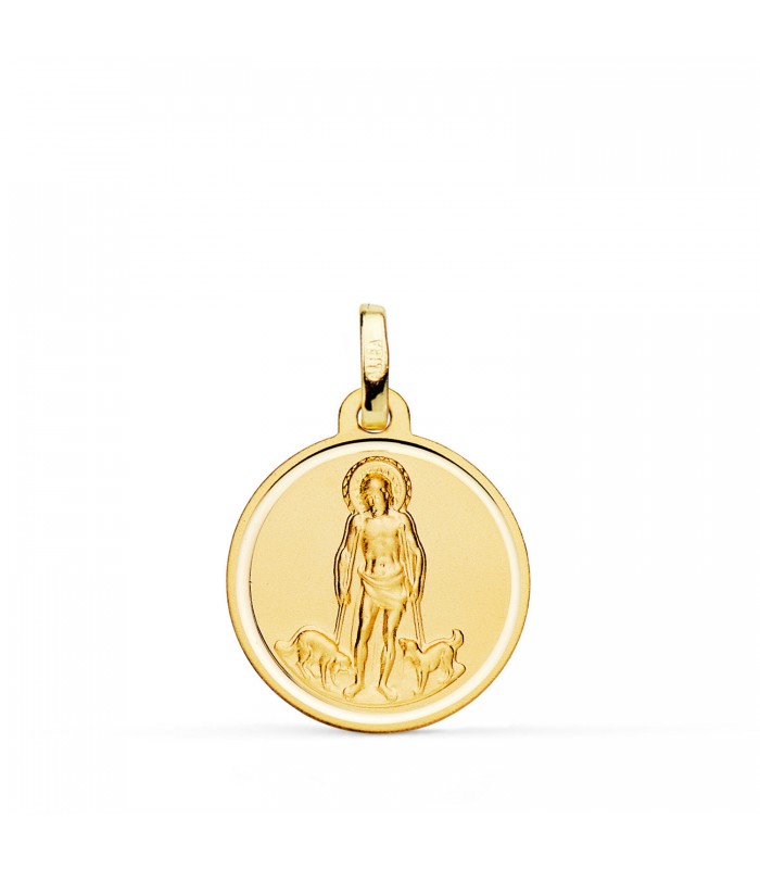 Medalla San Lázaro Oro 18K 18mm Bisel.  Patrón de los enfermos, pobres y protector de los perros.