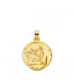 Medalla Redonda Ángel Oro 18k 24 mm Matizada. Colgante ángel de la guarda.