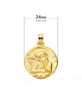 Medalla Redonda Ángel Oro 18k 24 mm Matizada. Colgante ángel de la guarda.