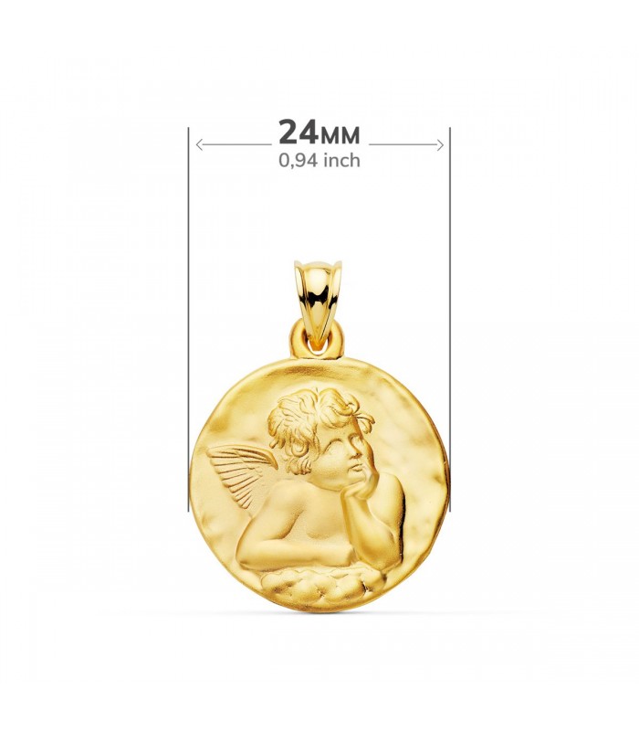 Medalla Redonda Ángel Oro 18k 24 mm Matizada. Colgante ángel de la guarda.