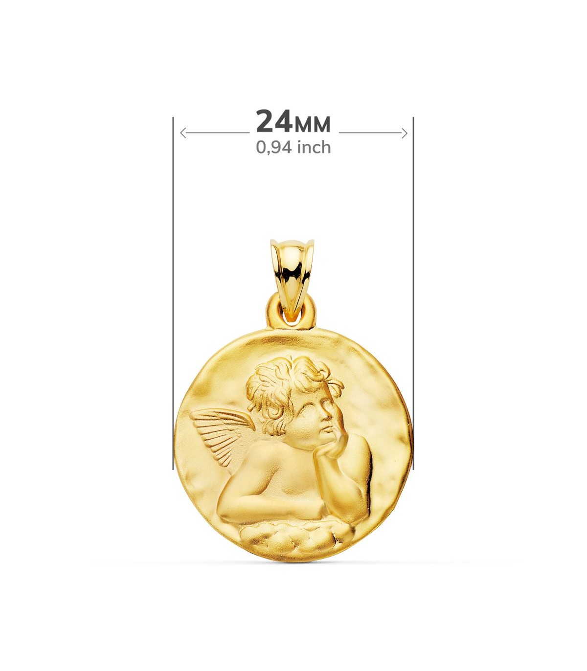 Medalla Redonda Ángel Oro 18k 24 mm Matizada. Colgante ángel de la guarda.
