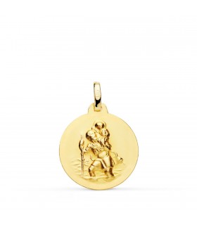 Medaglia San Cristoforo oro giallo 18kt 18mm satinata, retro liscio.