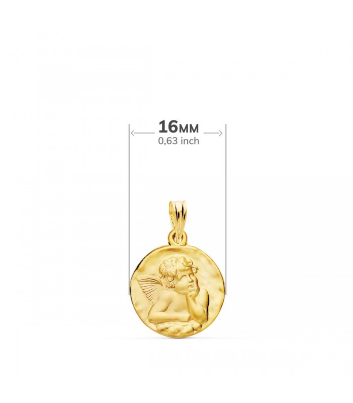 Medalla Redonda Ángel Oro 18k 16 mm Matizada. Colgante ángel de la guarda.