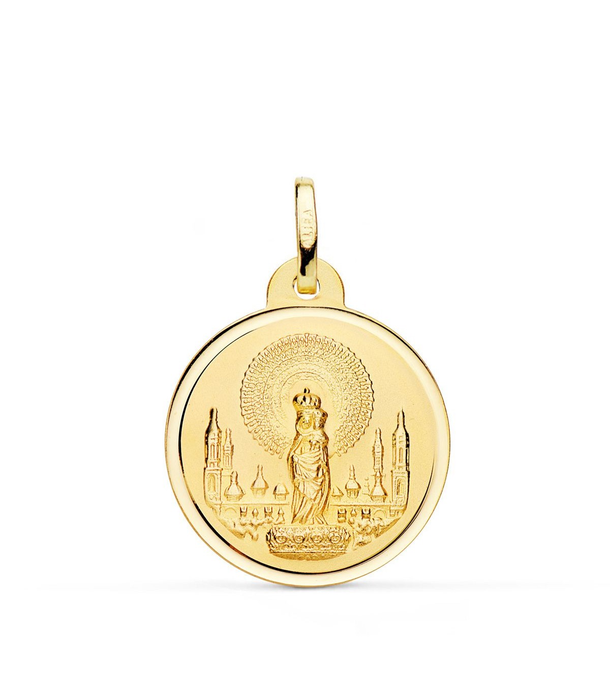 Medalla Virgen del Pilar 18 Ktes 22mm Bisel. Medallas de oro religiosas.