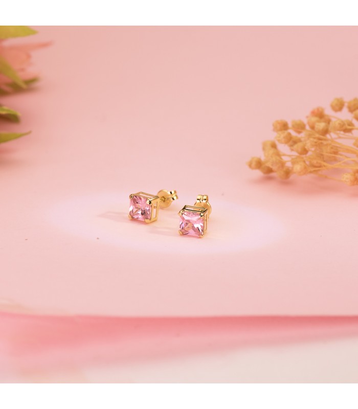 Pendientes pequeños Bella piedra Rosa - pendientes de oreja, oro amarillo 18 kilates, joyas de mujer