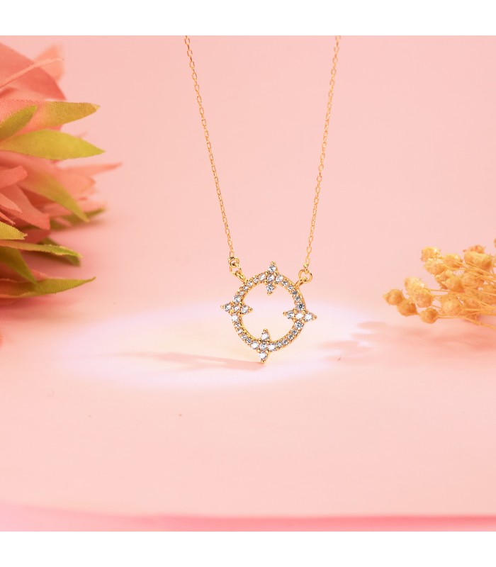 Collana in oro per donna, Gisli 18kt, girocollo con sole e catenina, pietre zirconi.