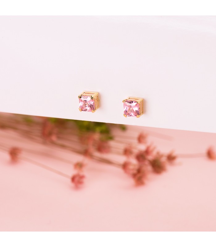 Pendientes pequeños Bella piedra Rosa - pendientes de oreja, oro amarillo 18 kilates, joyas de mujer