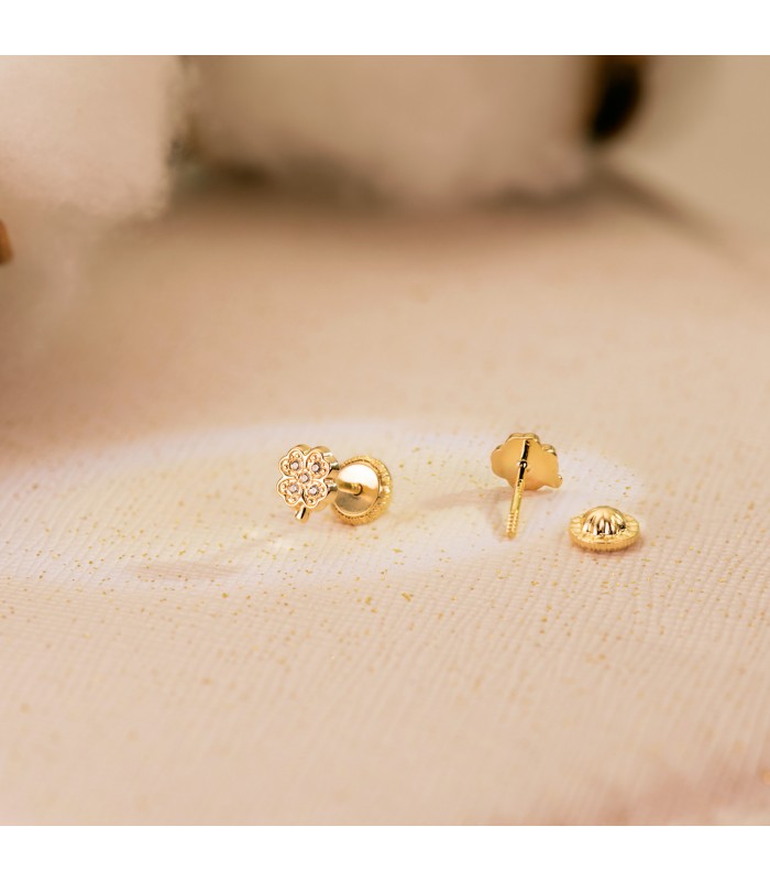 Orecchini bambina in oro giallo 18Kt, forma di quadrifoglio con zirconi