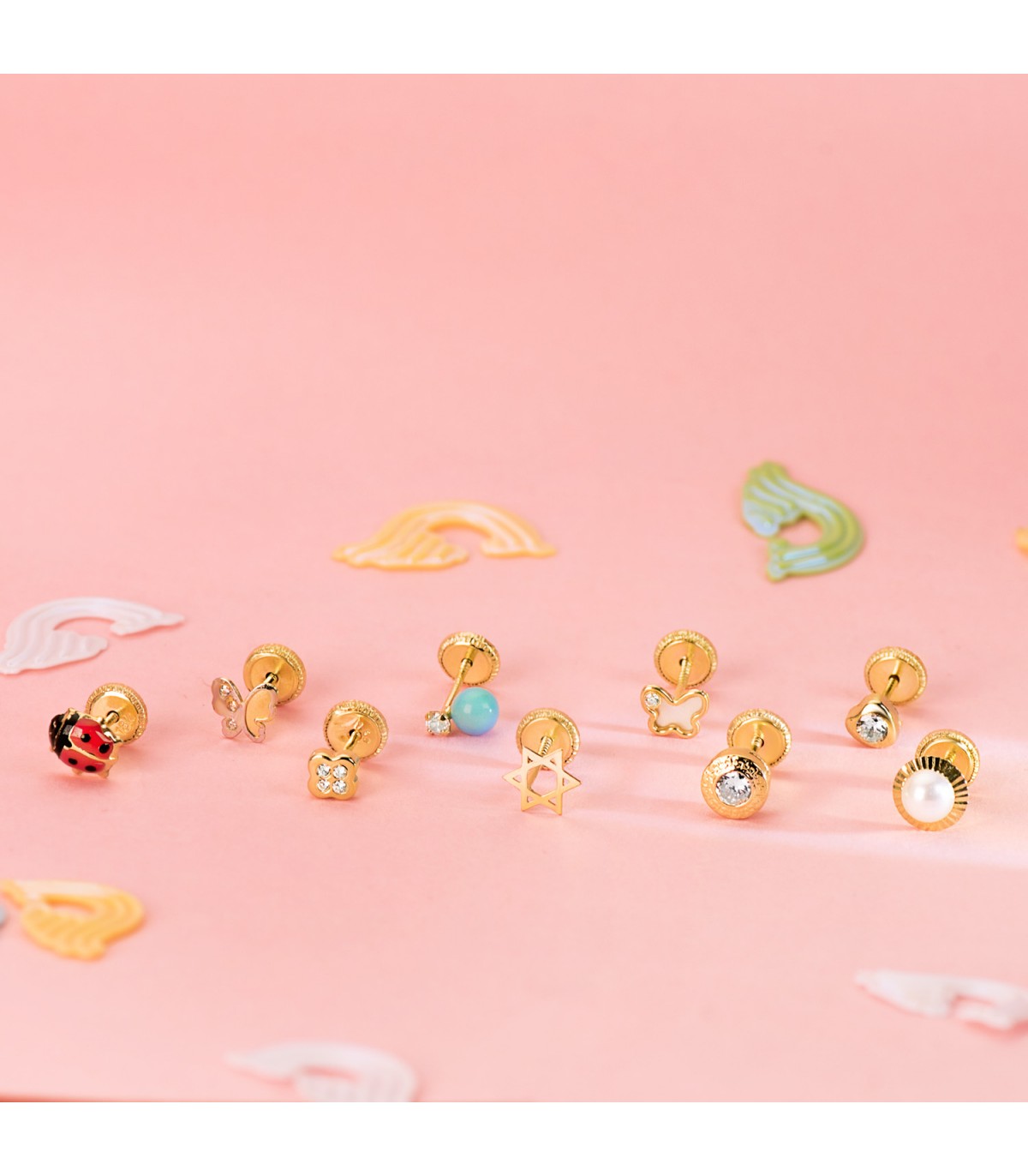 Orecchini bambina in oro: punto luce, cuori, coccinelle, farfalle, turchesi, perle.
