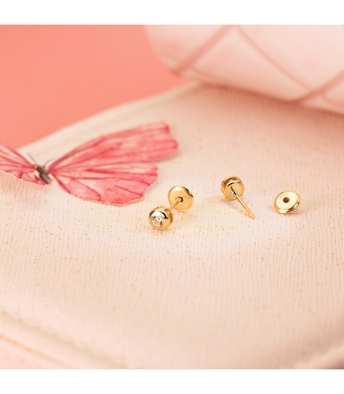 Ohrstecker mit Zirkonia - Runde Ohrringe Kinder Gold 18K, Mercedes Gelbgold