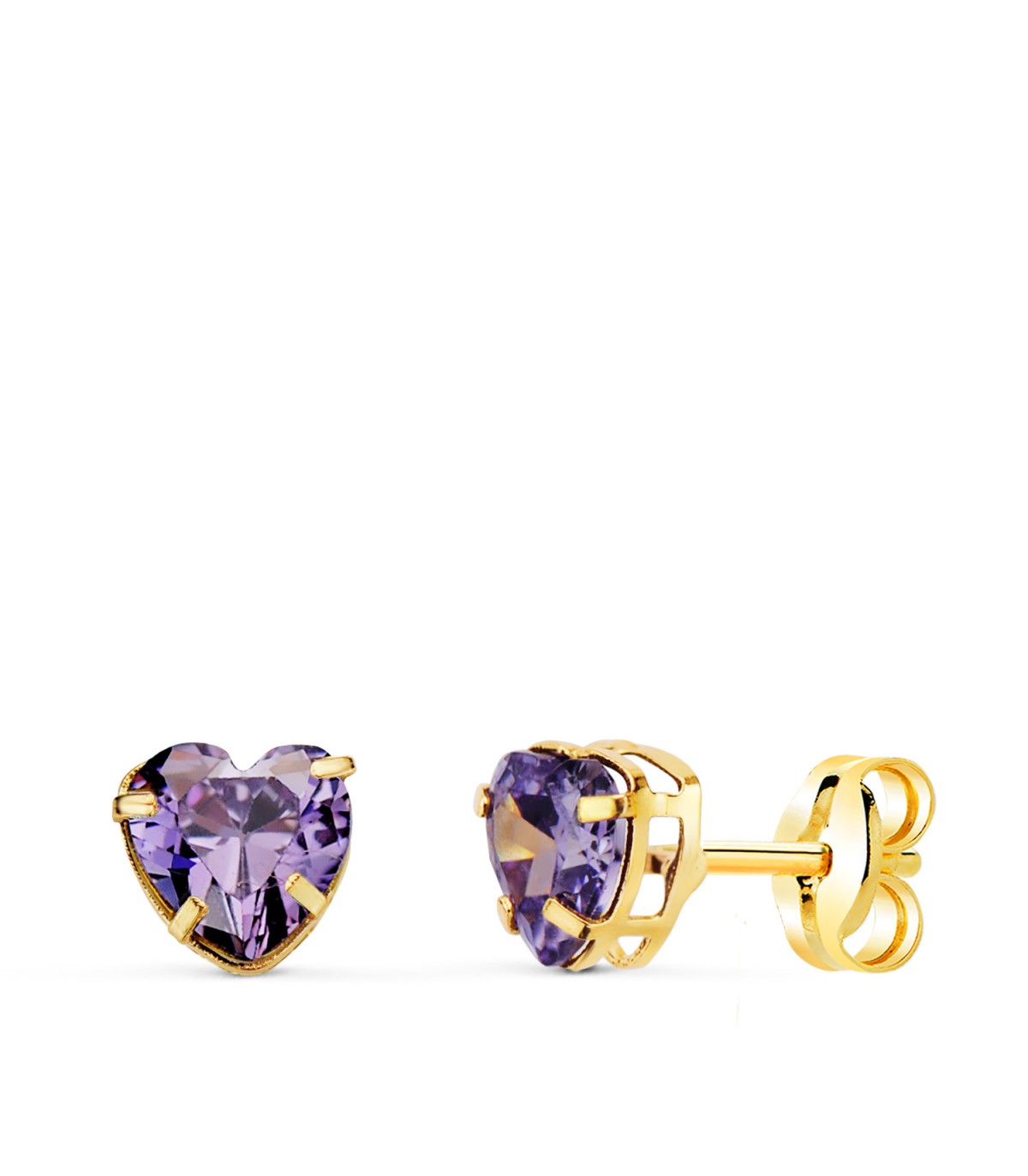 Goldohrringe aus 750er Gelbgold mit Amethystfarben Zirkonia Lila | Ohrstecker Herz, elegante Ohrringe Kinder / Damen