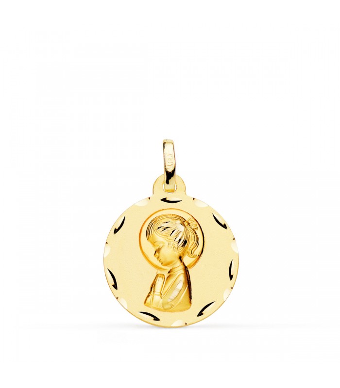Medalla Virgen niña tallada 18 Ktes 18 mm. Medallas para 1ª Comunión y bautizo.
