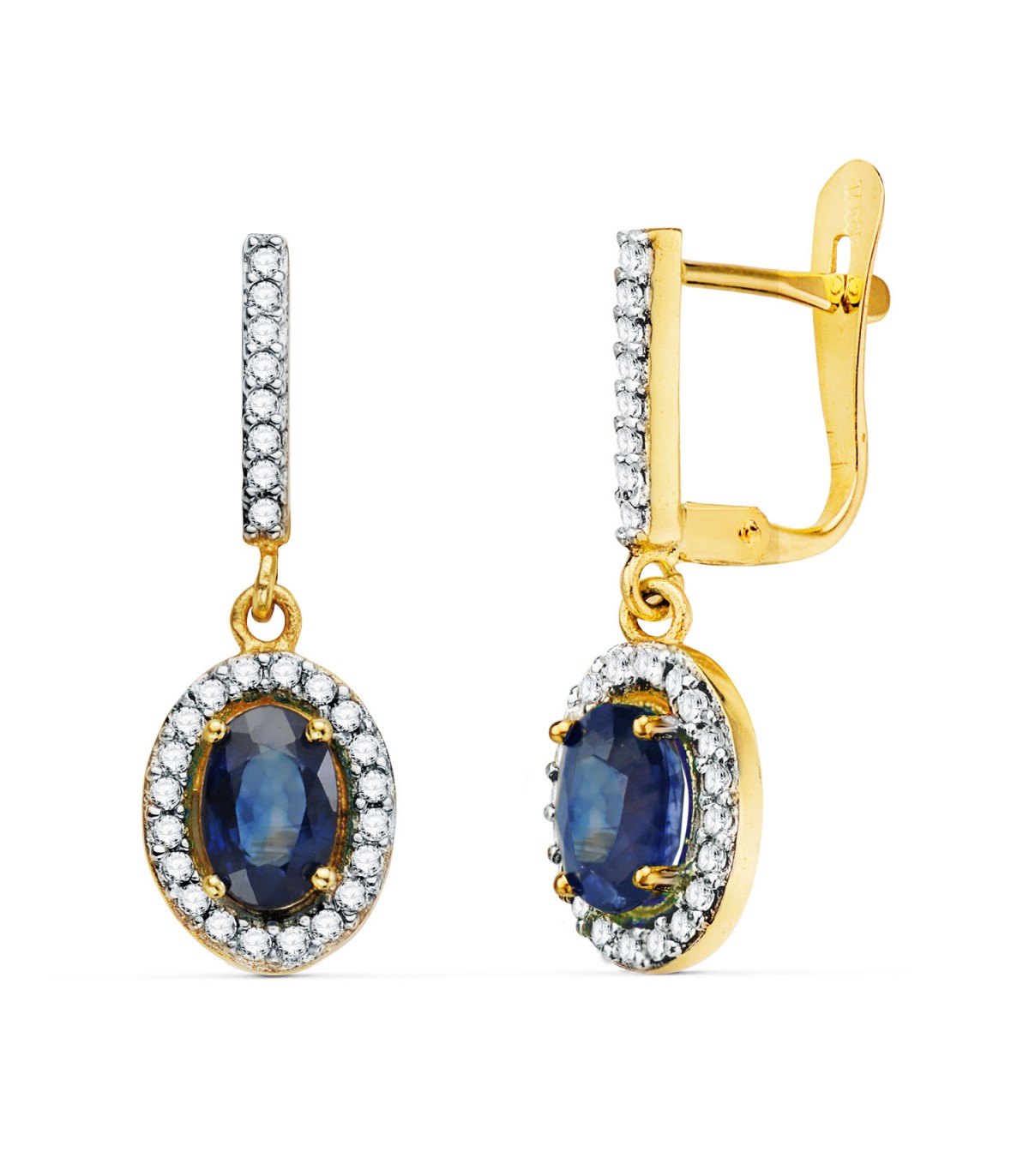 Saphir Ohrringe Gold Halo oval | Ohrstecker Damen 750er/ 18K bicolor, mit Anhänger Edelstein