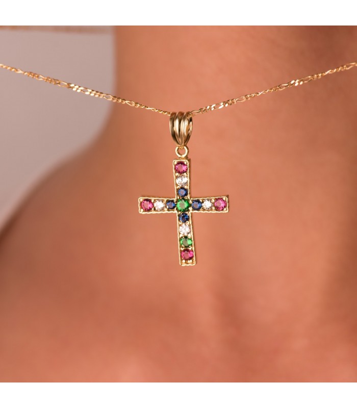 Goldanhänger Kreuz mit Zirkoniasteinen Regenbogen, Gelbgold 18K | Damen Kreuze online kaufen