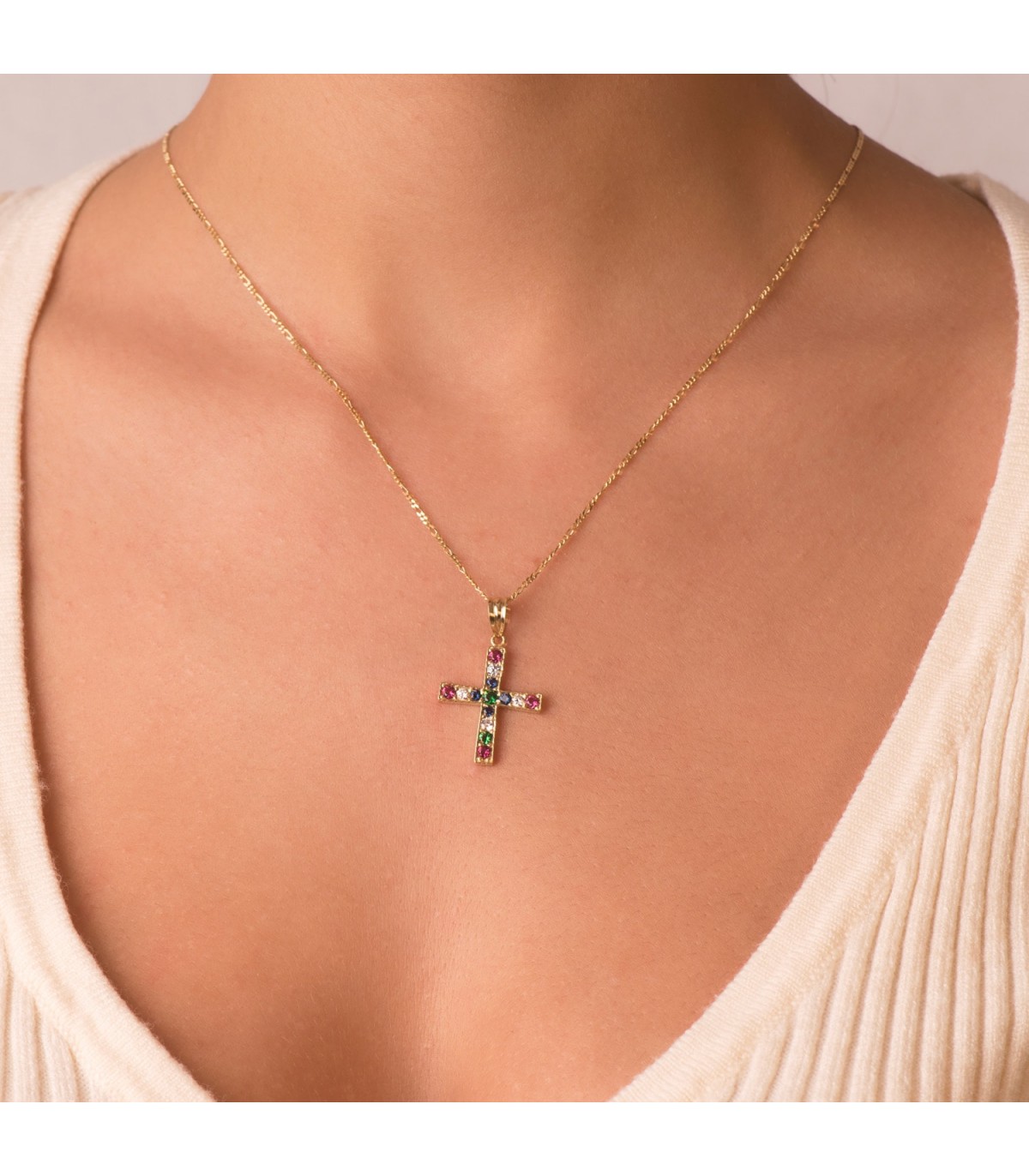 Goldanhänger Kreuz mit Zirkoniasteinen Regenbogen, Gelbgold 18K | Damen Kreuze online kaufen