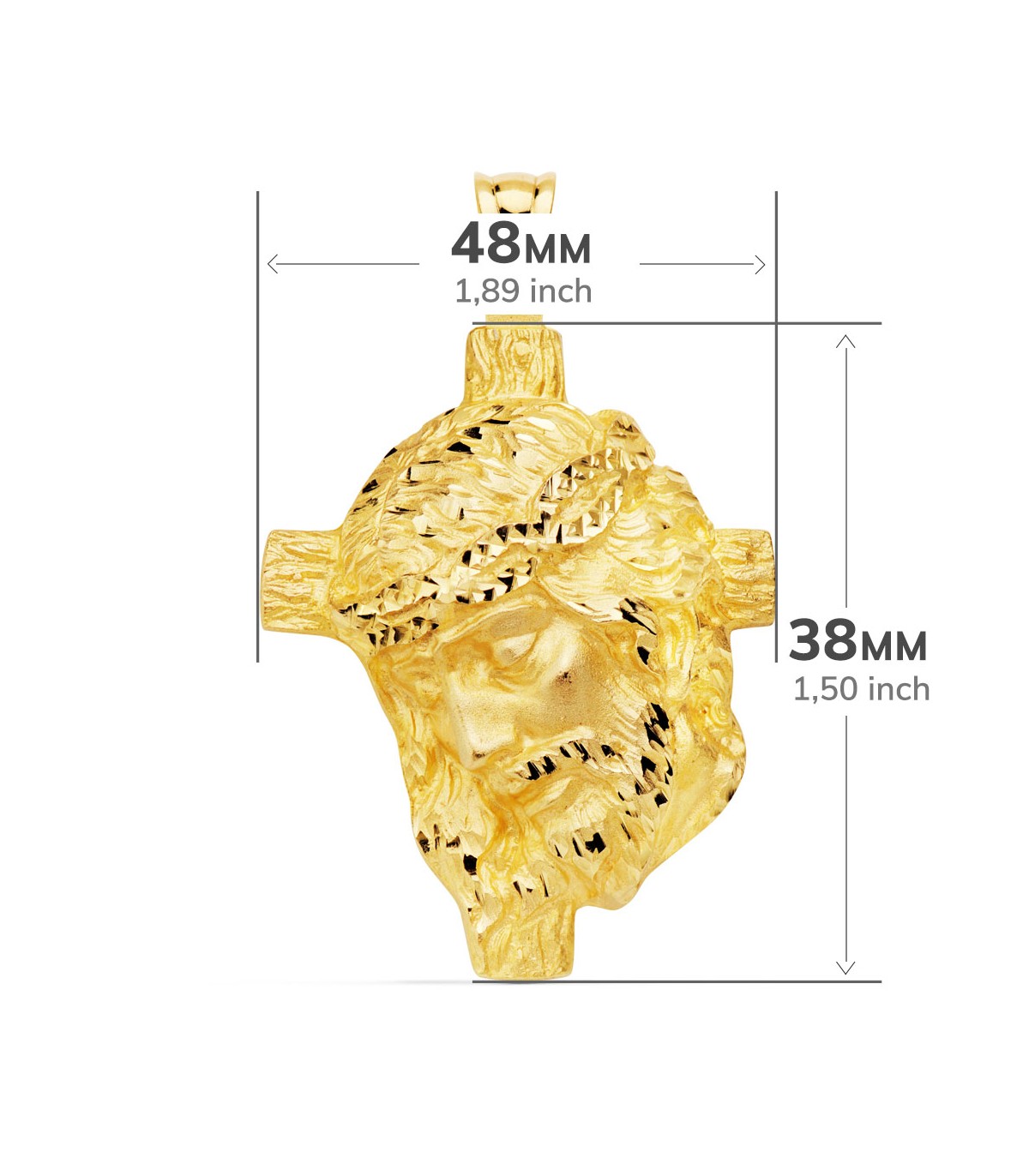 Jesuskopf-Anhänger aus 750er Gelbgold – religiöser Christus Kopf mit Kreuz 48 mm