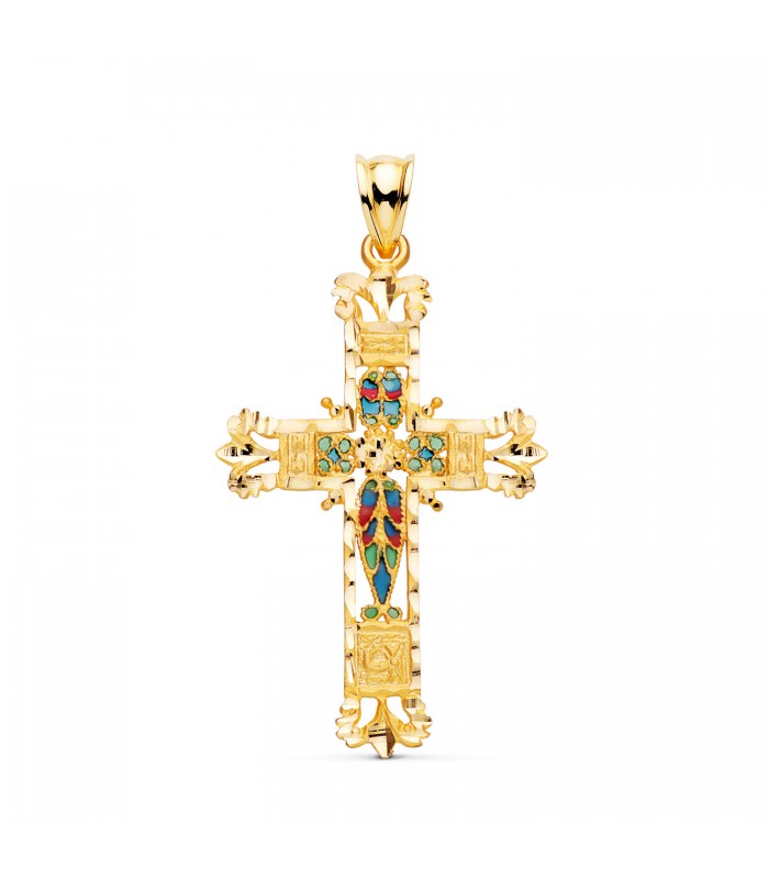 Croce smaltata 40 mm, lavorata in filigrana in oro giallo 750‰ | acquista gioielli online