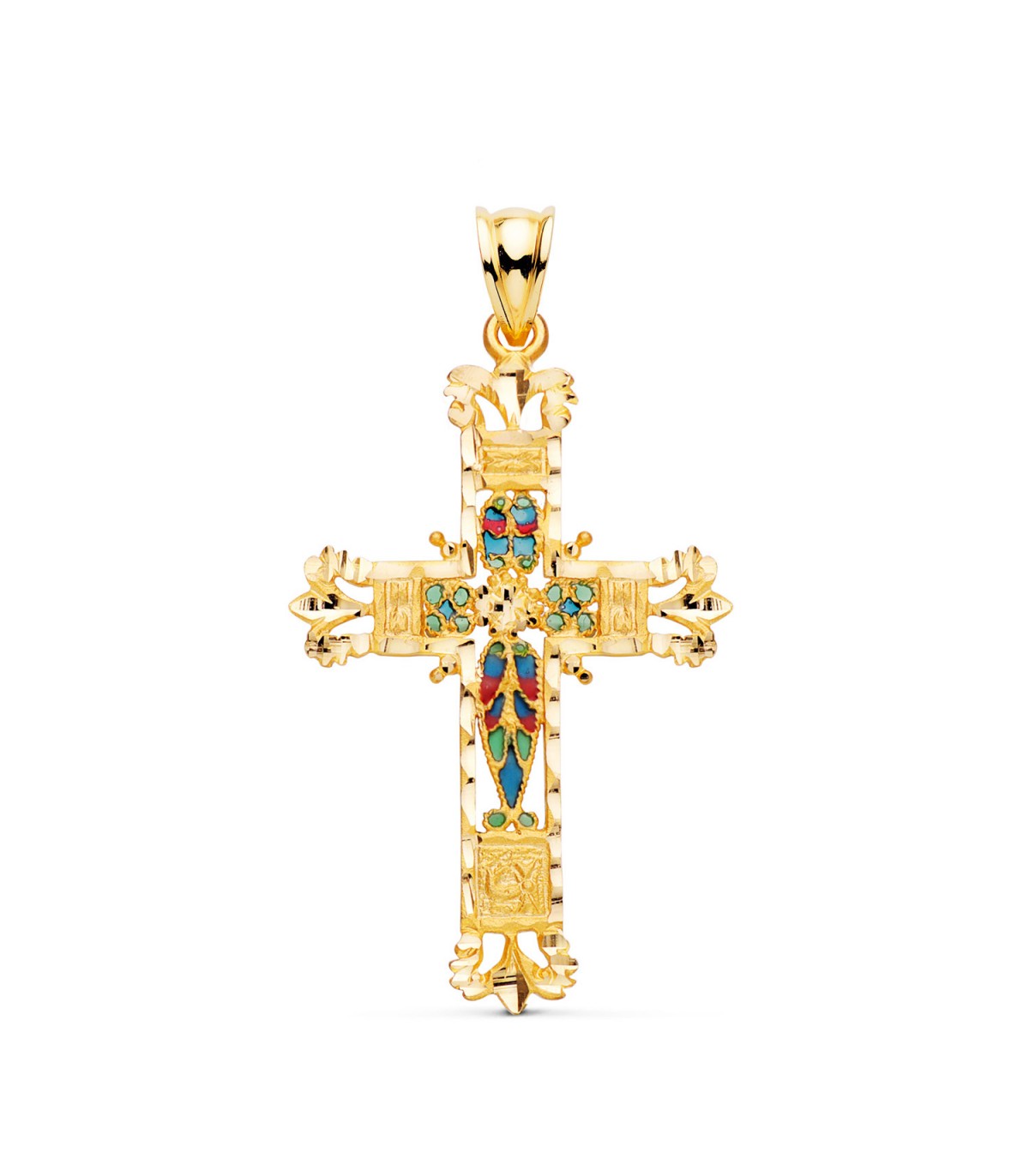 Croce smaltata 40 mm, lavorata in filigrana in oro giallo 750‰ | acquista gioielli online