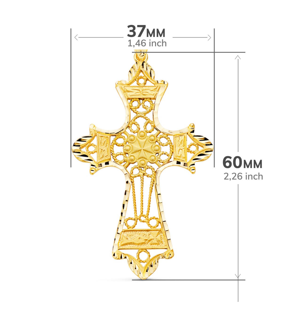 Medidas de la cruz de filigrana grande de la tienda de joyas Alda.
