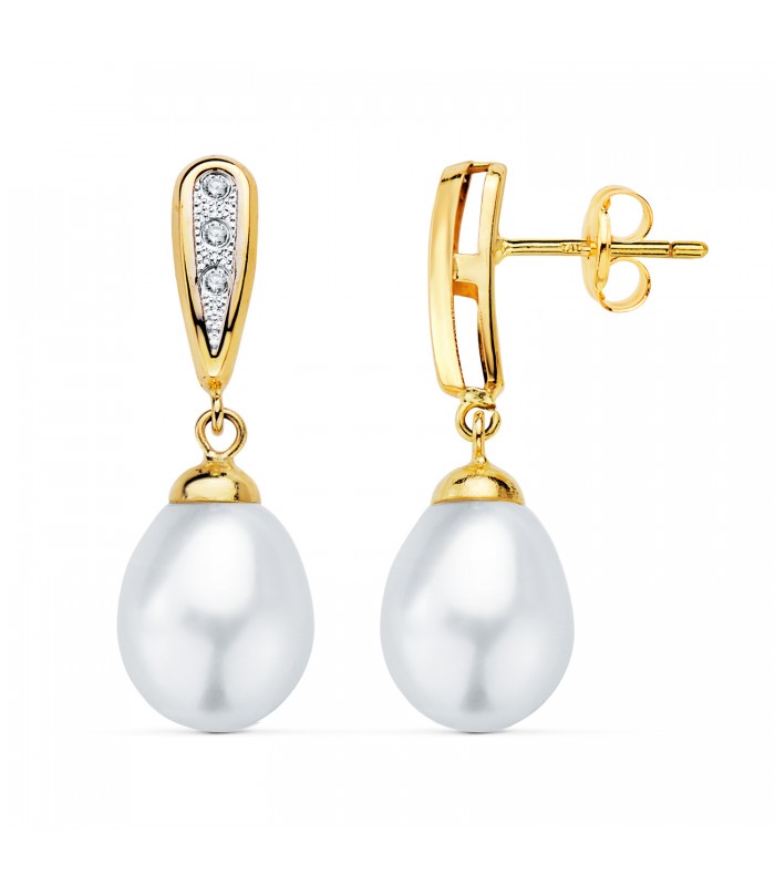Pendientes de Novia Jeanette Oro Bicolor 18K. Pendientes largos con perlas para mujer.