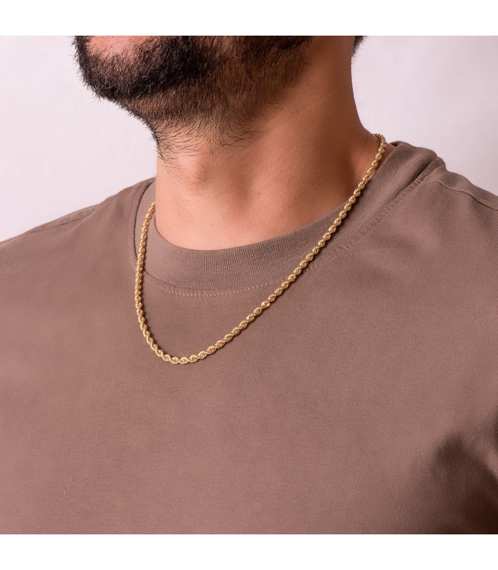 Collana uomo catena corda intrecciata leggera oro giallo 750 60cm 4,3mm, effetto attorcigliato.