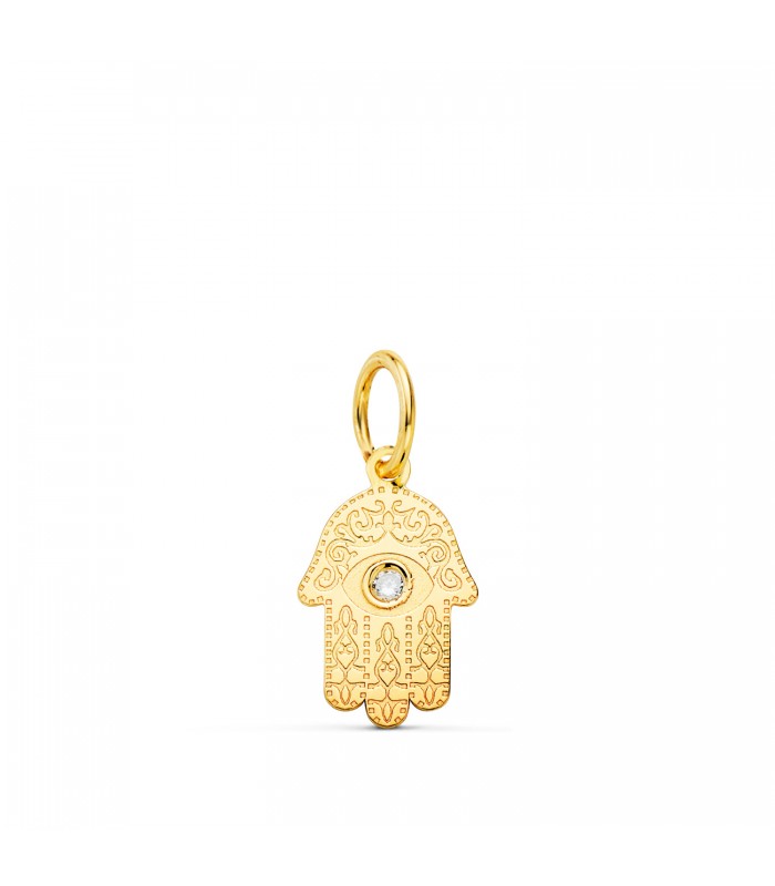 Colgante Mano de Fátima Circonita Oro 18 K 11 mm. Hamsa, amuletos de suerte contra el mal de ojo.