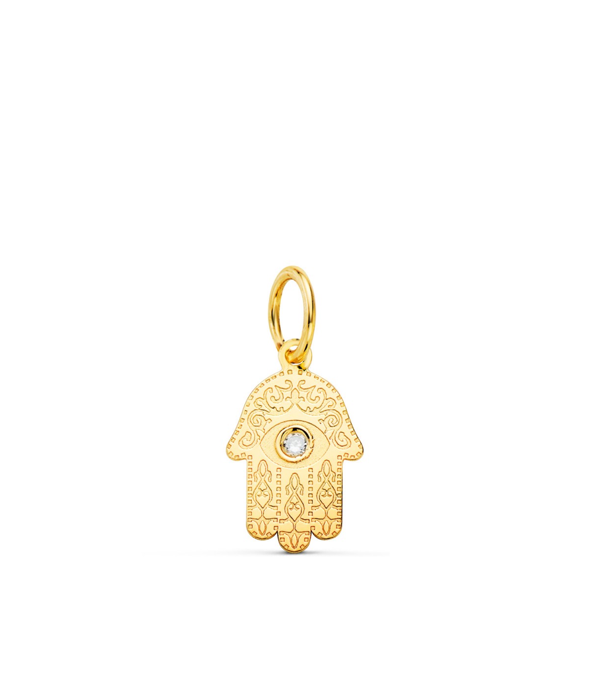 Colgante Mano de Fátima Circonita Oro 18 K 11 mm. Hamsa, amuletos de suerte contra el mal de ojo.