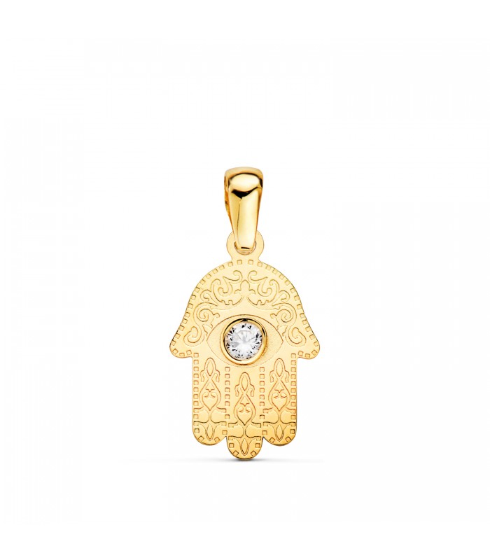 Colgante Mano de Fátima Circonita Oro 18 K 15 mm. Hamsa, amuletos de suerte contra el mal de ojo.