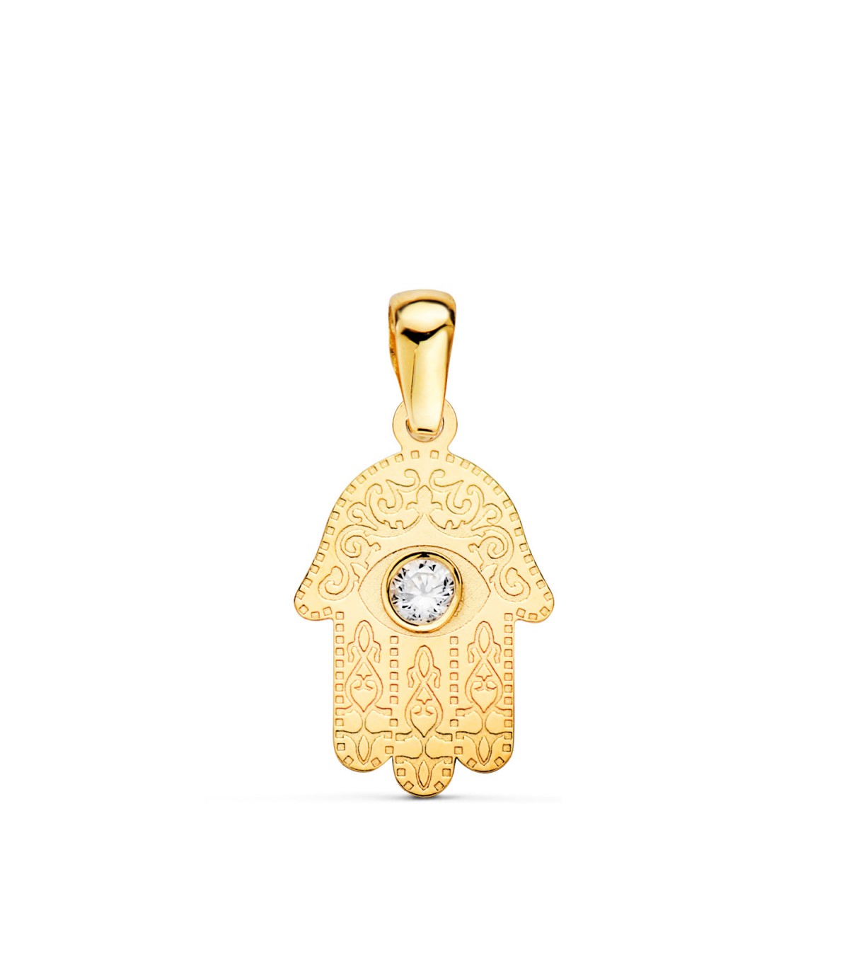 Pendentif Main de Fatima Zirconia Or 18 K 15 mm. Hamsa, porte-bonheur contre le mauvais oeil.