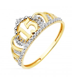 Anillo de 15 años Oro Bicolor 18K Corona. Joyas y Regalos para quinceañeras.