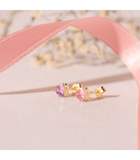 Orecchini punto luce Cuore con zircone rosa, orecchini a lobo oro giallo 18 kt, da donna.