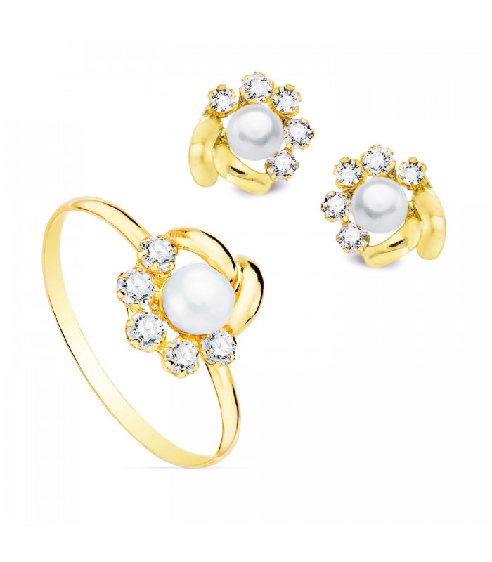 Juego Comunión Azalea Oro 18K Perla - Conjunto de Comunión para niña de pendientes y anillo.
