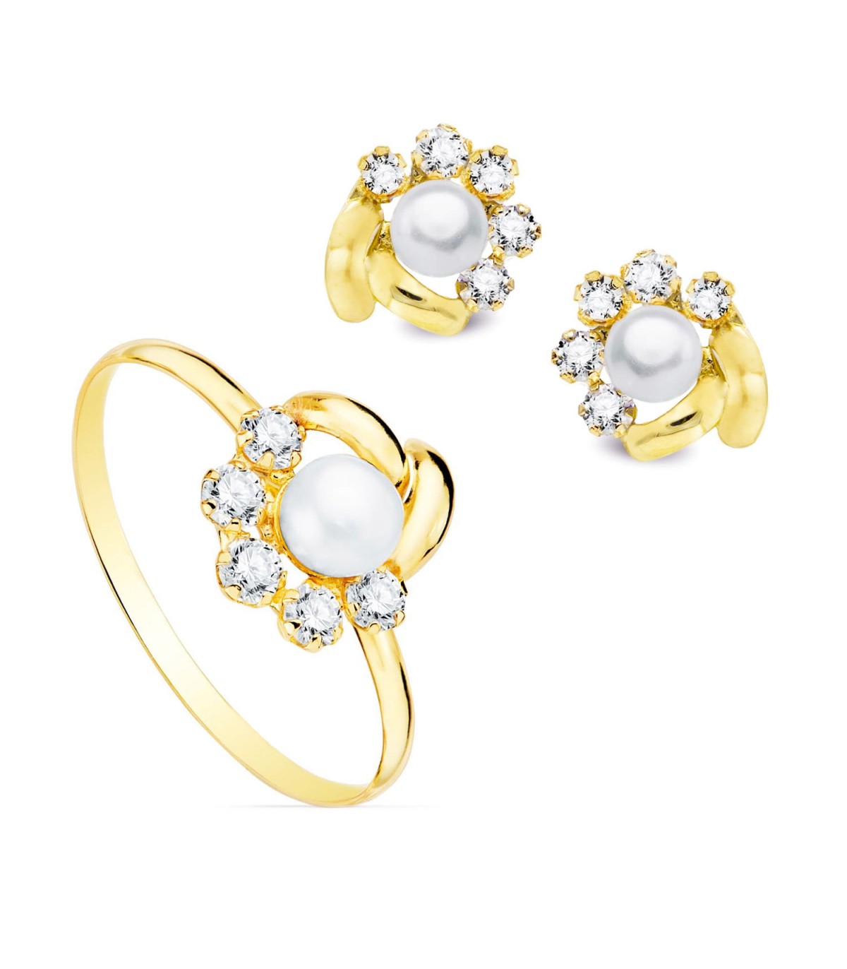 Juego Comunión Azalea Oro 18K Perla - Conjunto de Comunión para niña de pendientes y anillo.