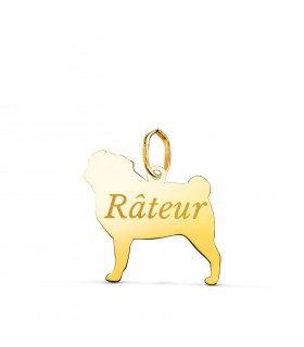 Colgante de Carlino en Oro 18K, personalizado con el nombre de tu mascota. Una joya única para mujeres amantes de los perros.
