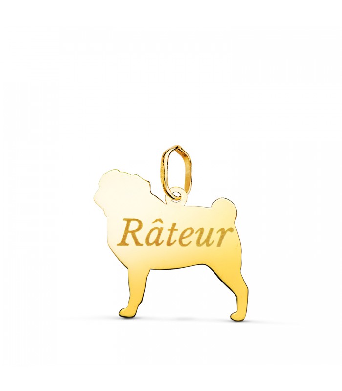 Colgante de Carlino en Oro 18K, personalizado con el nombre de tu mascota. Una joya única para mujeres amantes de los perros.